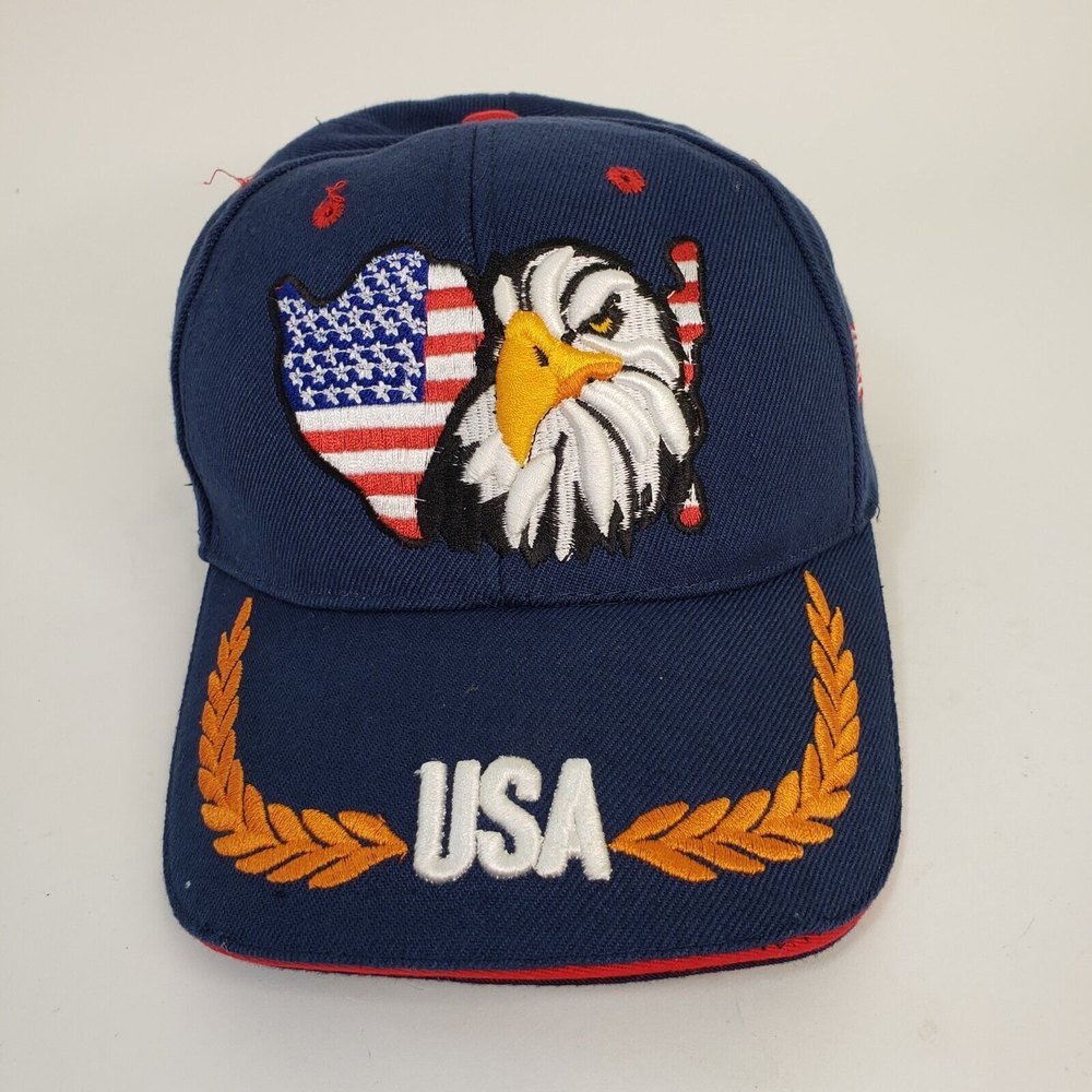 Vintage Blue Patriotic Trucker Hat Cap Flag Eagle USA July 4th Grandpa 250